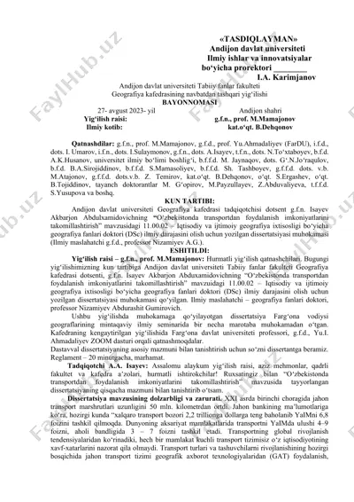 oʻzbekistonda transportdan foydalanish imkoniyatlarini takomillashtirish — DOCX