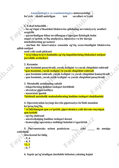 anesteziologiya va reanimatologiya mutaxassisligi bo‘yicha shakllantirilgan test savollari ro‘yxati — DOCX