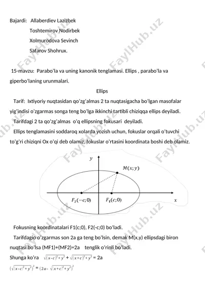 parabola, ellips va giperbola: kanonik tenglamalar va xossalari — DOCX