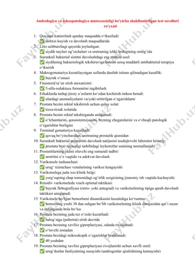 andrologiya va seksopatologiya mutaxassisligi bo'yicha test savollari — DOCX