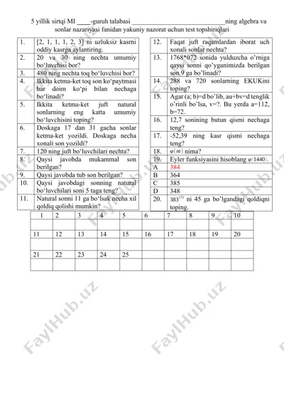 algebra va sonlar nazariyasi fanidan yakuniy nazorat uchun test topshiriqlari — DOCX