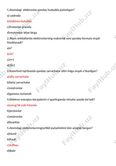 atom va atom tuzilishi bo‘yicha savollar to‘plami — DOCX