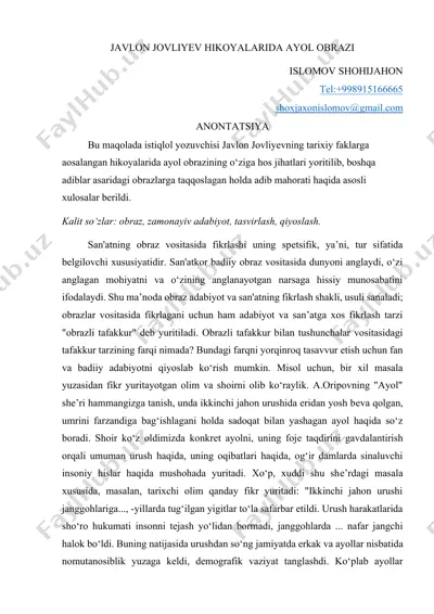 javlon jovliyev hikoyalarida ayol obrazi — DOCX