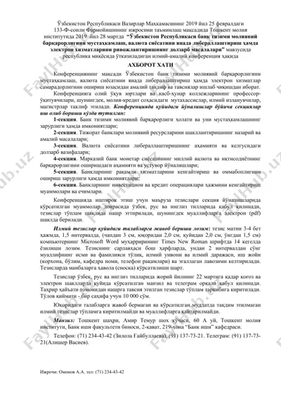 ilmiy-amaliy konferensiya "o‘zbekiston bank tizimi moliyaviy barqarorligini mustahkamlash va elektron xizmatlar rivoji" — DOCX