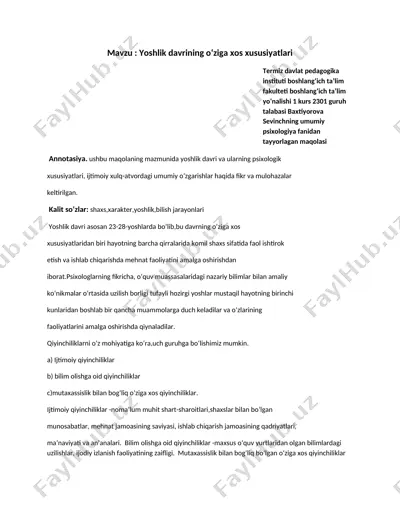 yoshlik davrining oʻziga xos xususiyatlari (umumiy psixologiya fanidan maqola) — DOCX
