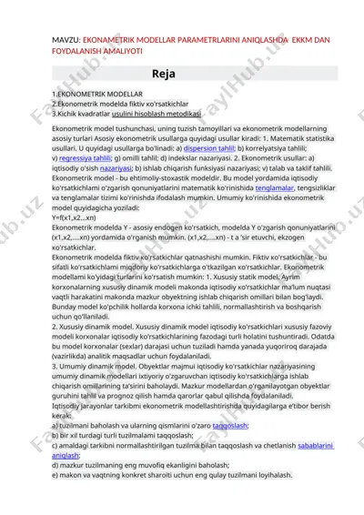 ekonametrik modellar parametrlarini aniqlashda ekkm dan foydalanish amaliyoti — DOCX