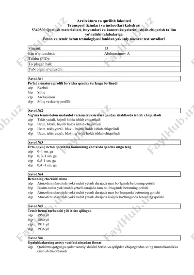 beton va temir beton texnologiyasi fanidan yakuniy nazorat test savollari — DOCX