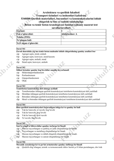 beton va temir beton texnologiyasi fanidan yakuniy nazorat test savollari — DOCX