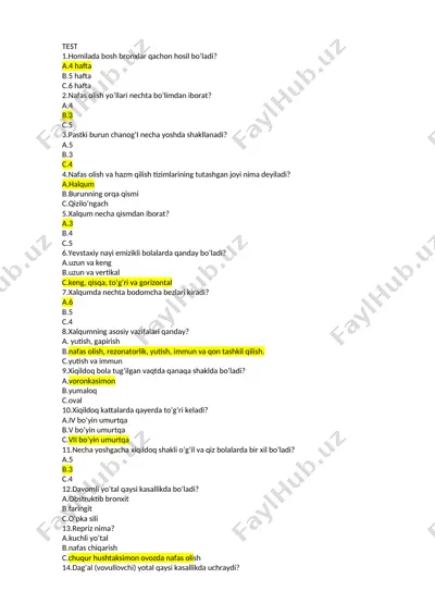 nafas olish va hazm qilish tizimlari bo‘yicha test savollari — DOCX