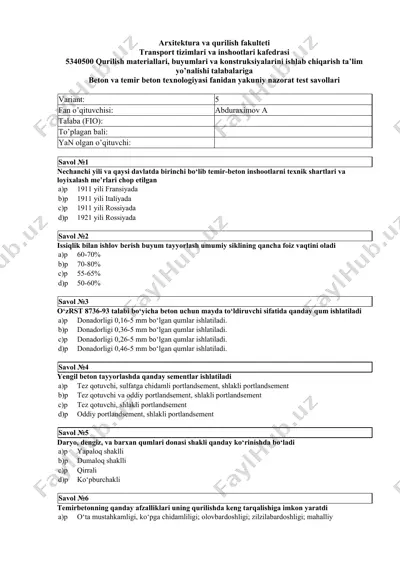 beton va temir beton texnologiyasi fanidan yakuniy nazorat test savollari — DOCX