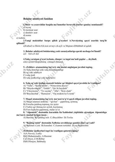 bolalar adabiyoti fanidan test savollar to‘plami — DOCX