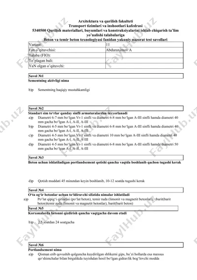 beton va temir beton texnologiyasi fanidan yakuniy nazorat test savollari — DOCX