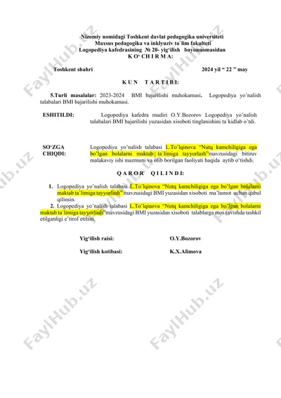 nutq kamchiligiga ega bo‘lgan bolalarni maktab ta`limiga tayyorlash — DOCX