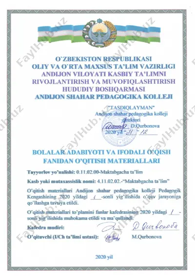 bolalar adabiyoti va ifodali o‘qish fanidan o‘quv dasturi — DOCX