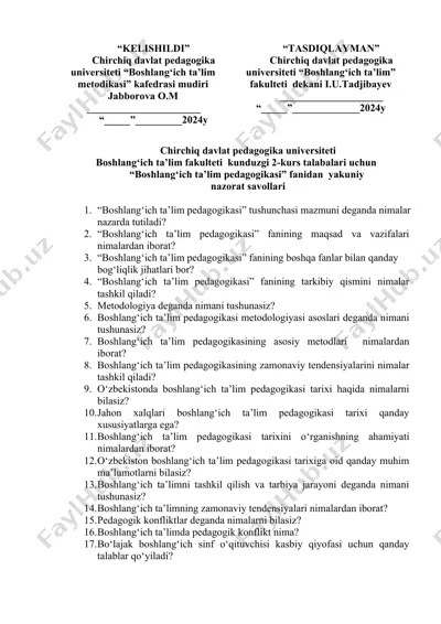 boshlang‘ich ta’lim pedagogikasi fanidan yakuniy nazorat savollari — DOCX