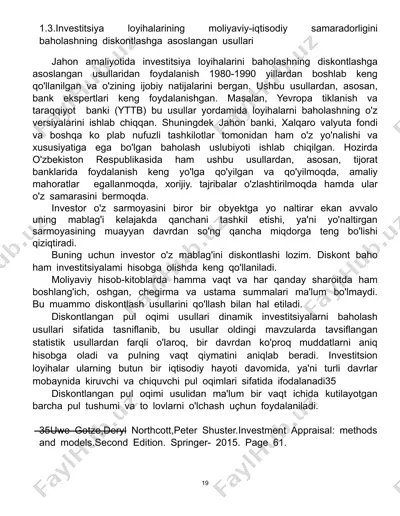 investitsiya loyihalarining moliyaviy-iqtisodiy samaradorligini baholashning diskontlashga asoslangan usullari — DOCX