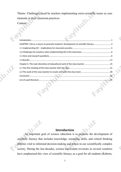 challenges faced by teachers implementing socio-scientific issues as core elements in their classroom practices — DOCX