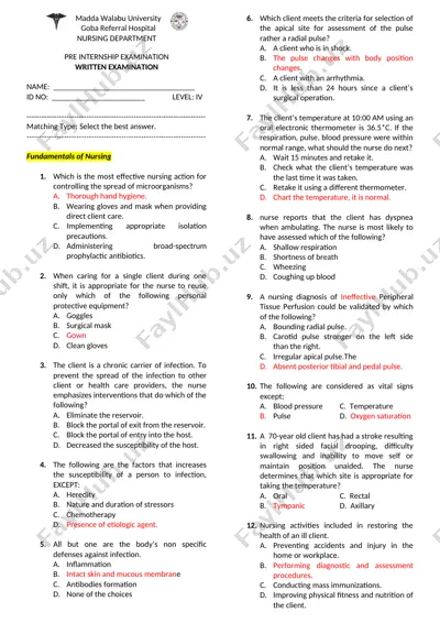 fundamentals of nursing written examination — DOCX