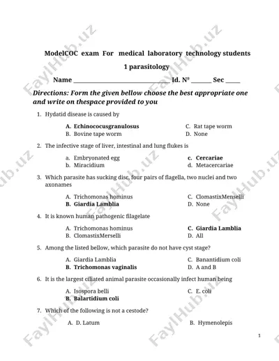 modelcoc exam for medical laboratory technology students - parasitology — DOCX