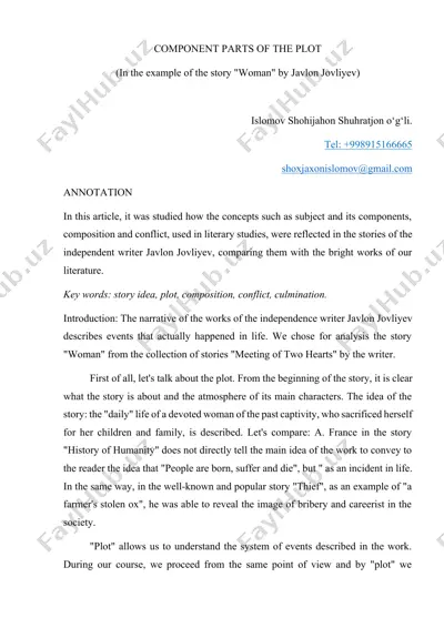 component parts of the plot (in the example of the story "woman" by javlon jovliyev) — DOCX
