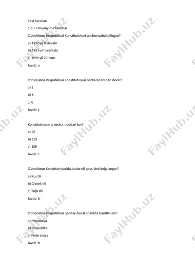 o‘zbekiston respublikasi konstitutsiyasi haqidagi test savollari — DOCX
