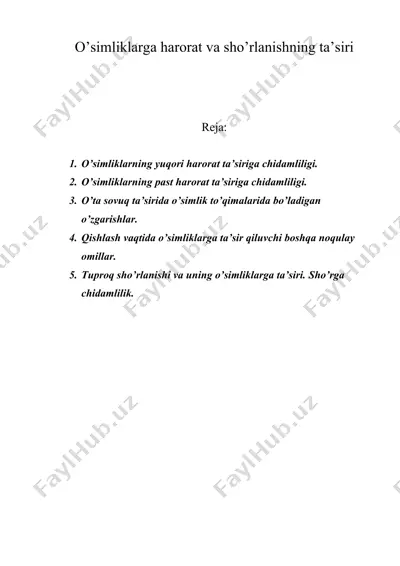 o’simliklarga harorat va sho’rlanishning ta’siri — DOC