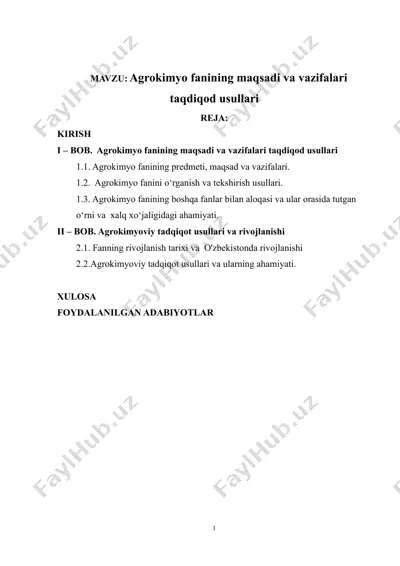 agrokimyo fanining maqsadi va vazifalari taqdimoti — DOCX