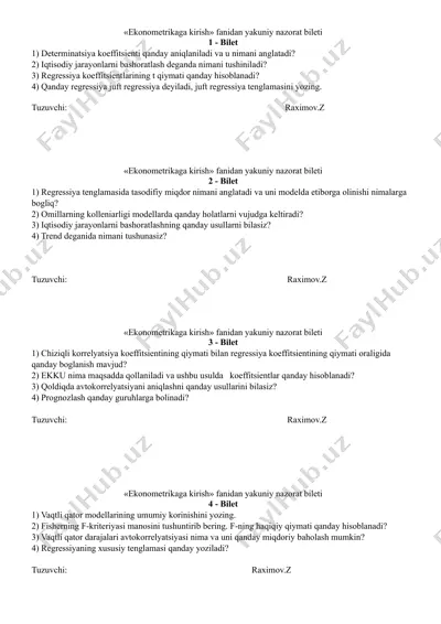 ekonometrikaga kirish fanidan yakuniy nazorat biletlari — DOCX
