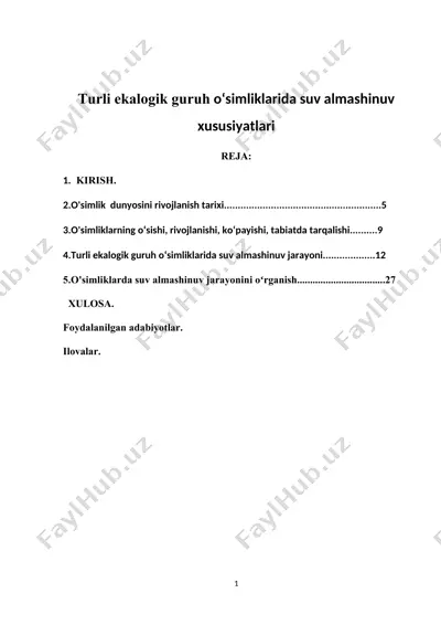 turli ekalogik guruh oʻsimliklarida suv almashinuv xususiyatlari — DOCX