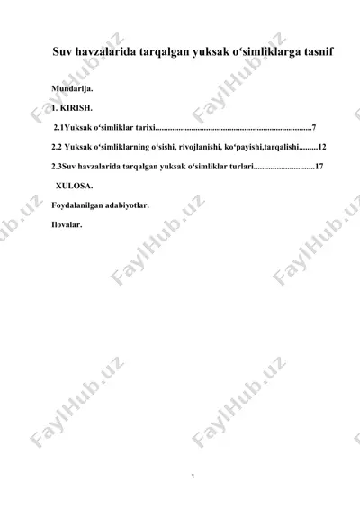 suv havzalarida tarqalgan yuksak oʻsimliklarga tasnif — DOCX