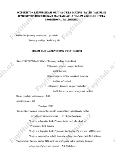 jismoniy madaniyat yo’nalishi uchun diplom oldi amaliyot o’quv dasturi — DOCX