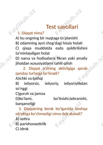 test savollari: diqqat va sezgi tushunchalari — DOCX