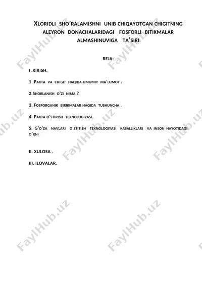 xloridli sho’ralamishni unib chiqayotgan chigitning aleyron donachalaridagi fosforli bitikmalar almashinuviga ta’siri — DOCX