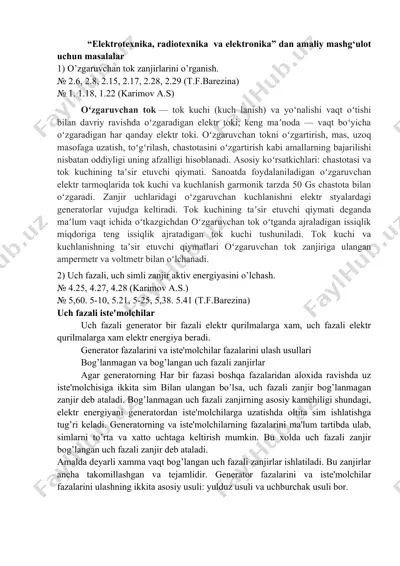 elektrotexnika, radiotexnika va elektronika amaliy mashg‘ulot masalalari to‘plami — DOCX