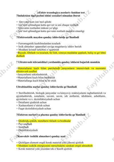 elektr texnologiya asoslari fanidan test — DOCX