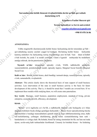kichik biznesni rivojlantirishda davlat qo‘llab-quvvatlash dasturi — DOCX