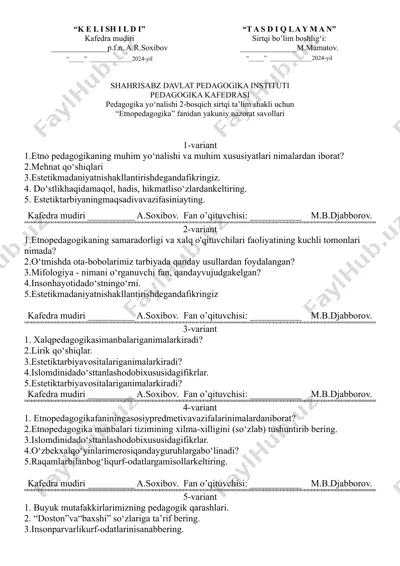 etnopedagogika fanidan yakuniy nazorat savollari to‘plami — DOCX
