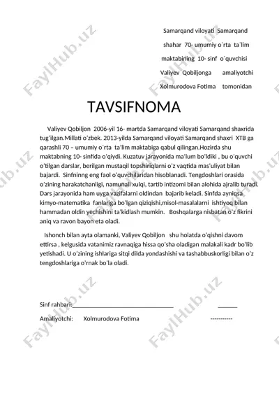 valiyev qobiljon haqida tavsifnoma — DOCX