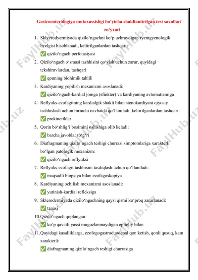 gastroenterologiya mutaxassisligi boʻyicha test savollari toʻplami — DOCX
