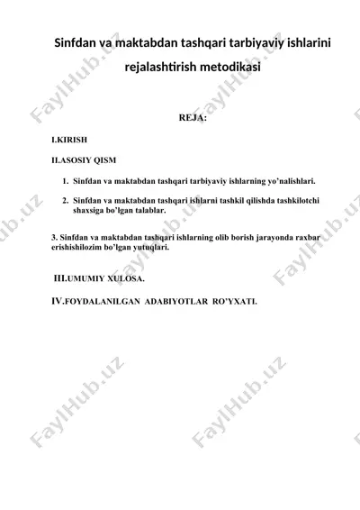 sinfdan va maktabdan tashqari tarbiyaviy ishlarini rejalashtirish metodikasi — DOCX