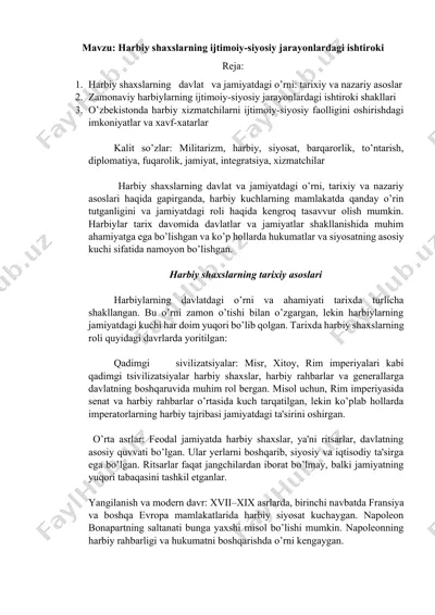 harbiy shaxslarning ijtimoiy-siyosiy jarayonlardagi ishtiroki — DOCX