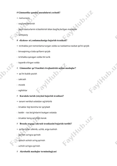 gimnastika va futbol bo‘yicha savollar hamda texnikalar to‘plami — DOCX