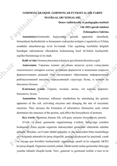 gormonlar va oqsil gormonlarning funksiyalari — DOCX