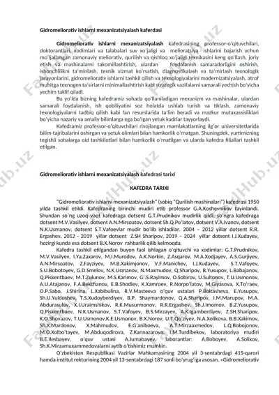 gidromeliorativ ishlarni mexanizatsiyalash kafedrasi — DOCX