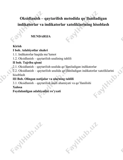 oksidlanish – qaytarilish metodida qo`llaniladigan indikatorlar va indikatorlar xatoliklarining hisoblash — DOCX