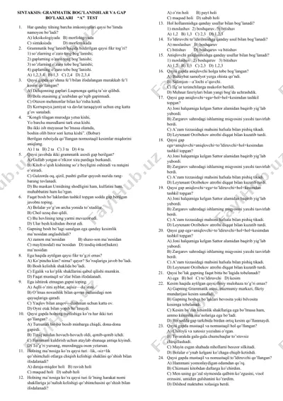 sintaksis: grammatik bog’lanishlar va gap bo’laklari “a” test — DOCX