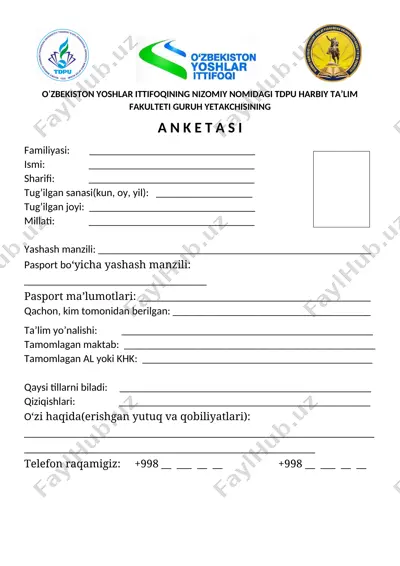 anketa (o‘zbekistan yoshlar ittifoqining nizomiy nomidagi tdpu harbiy ta’lim fakulteti guruh yetakchisining) — DOCX