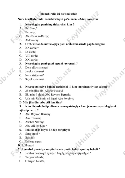 hamshiralik ishi bo‘limi uchun nevrologiya bo‘yicha 42 test savollar to‘plami — DOCX