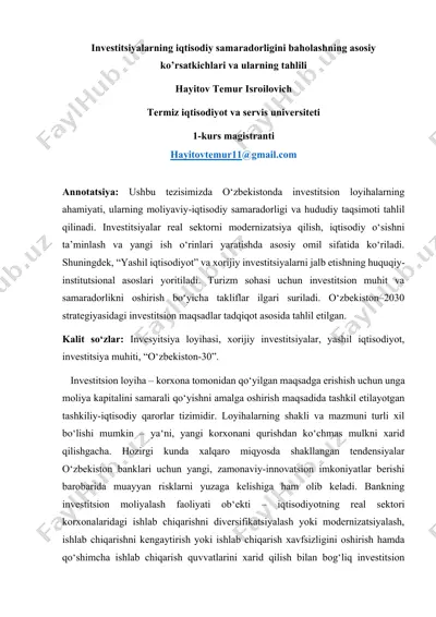 investitsiyalarning iqtisodiy samaradorligini baholashning asosiy ko’rsatkichlari va ularning tahlili — DOCX