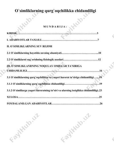 o`simliklarning qurg`oqchilikka chidamliligi bo‘yicha kurs ishi — DOCX